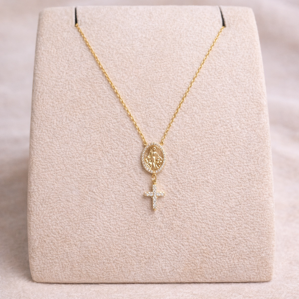 Miraculous Medal Necklace with Cubic Zirconia Cross