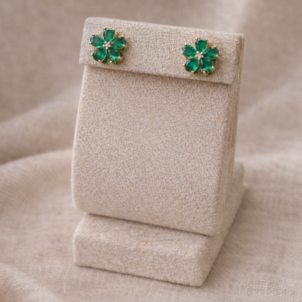 Green Cubic Zirconia Floral Stud Earrings