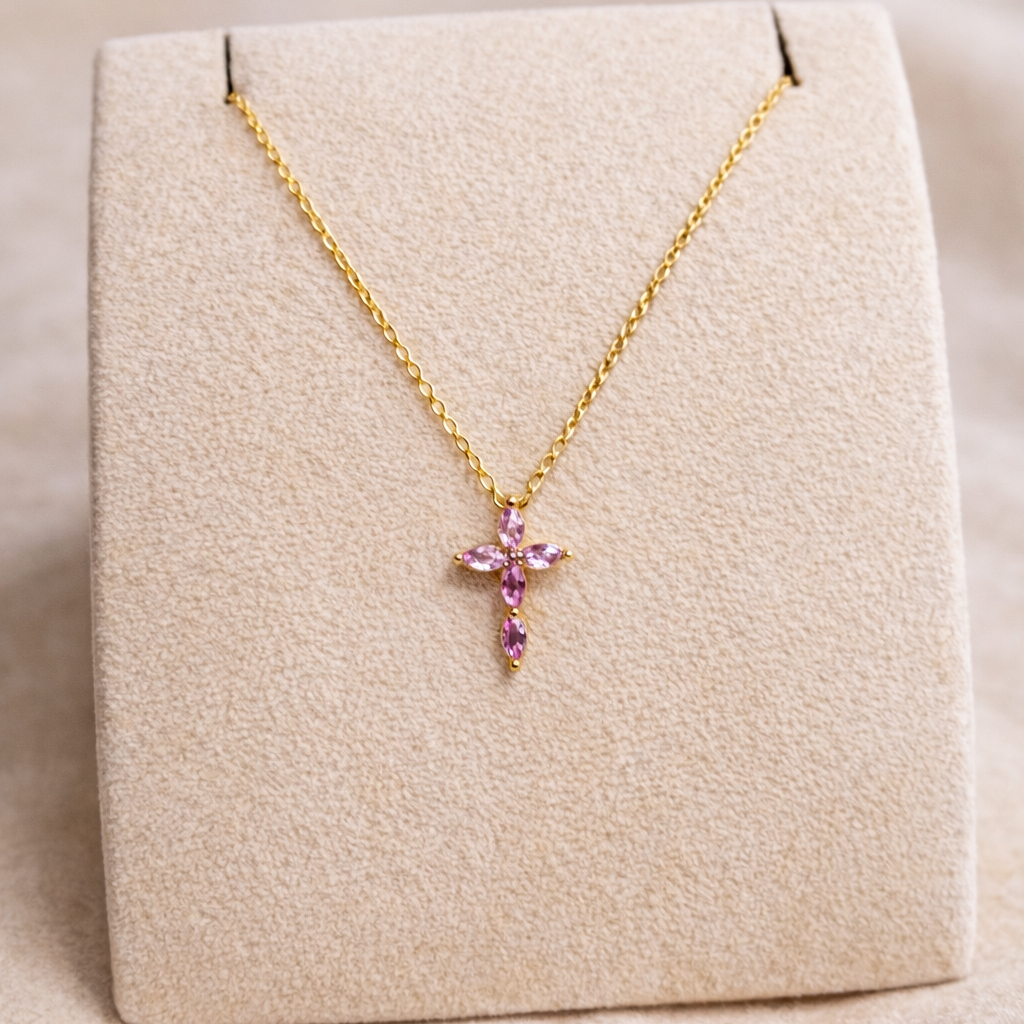 Rose Cubic Zirconia Cross Necklace