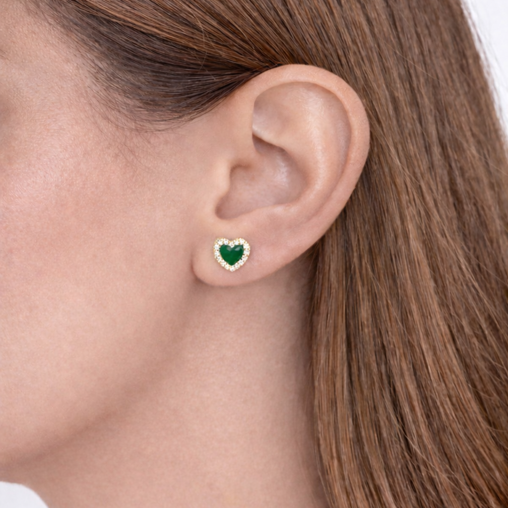 Malachite Heart Cubic Zirconia Stud Earrings