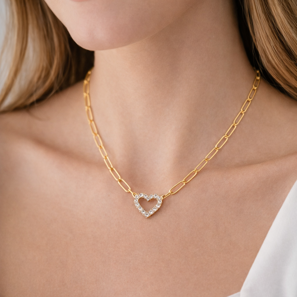 Paperclip Cubic Zirconia Heart Necklace
