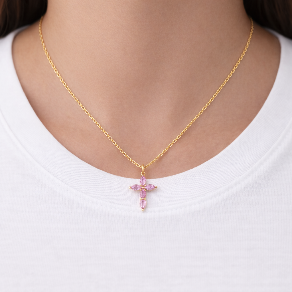 Rose Cubic Zirconia Cross Necklace
