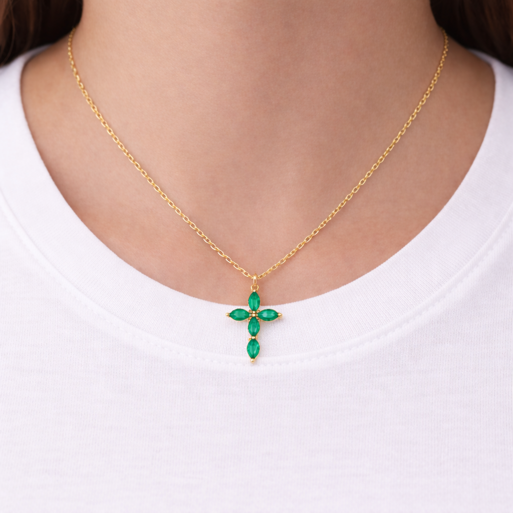 Green Cubic Zirconia Cross Necklace