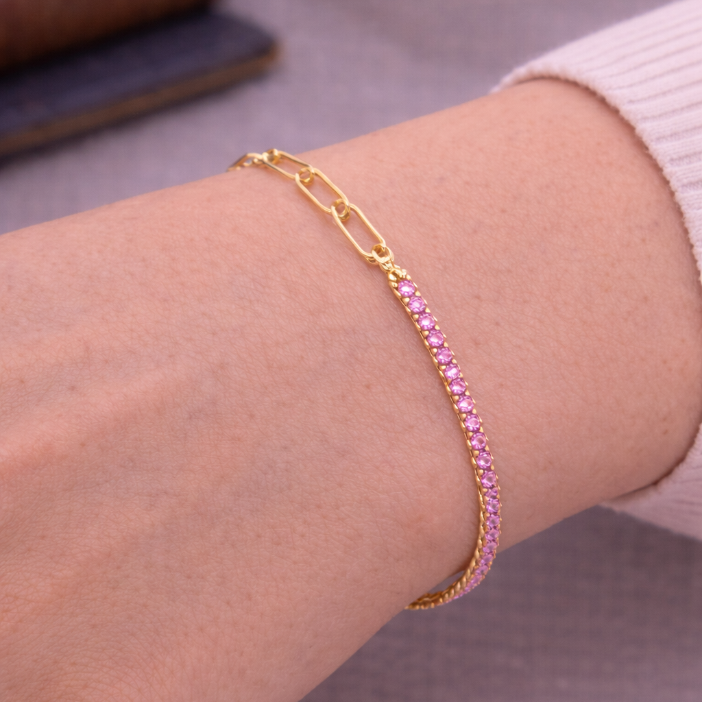 Half Paperclip & Rose Cubic Zirconia Tennis Bracelet