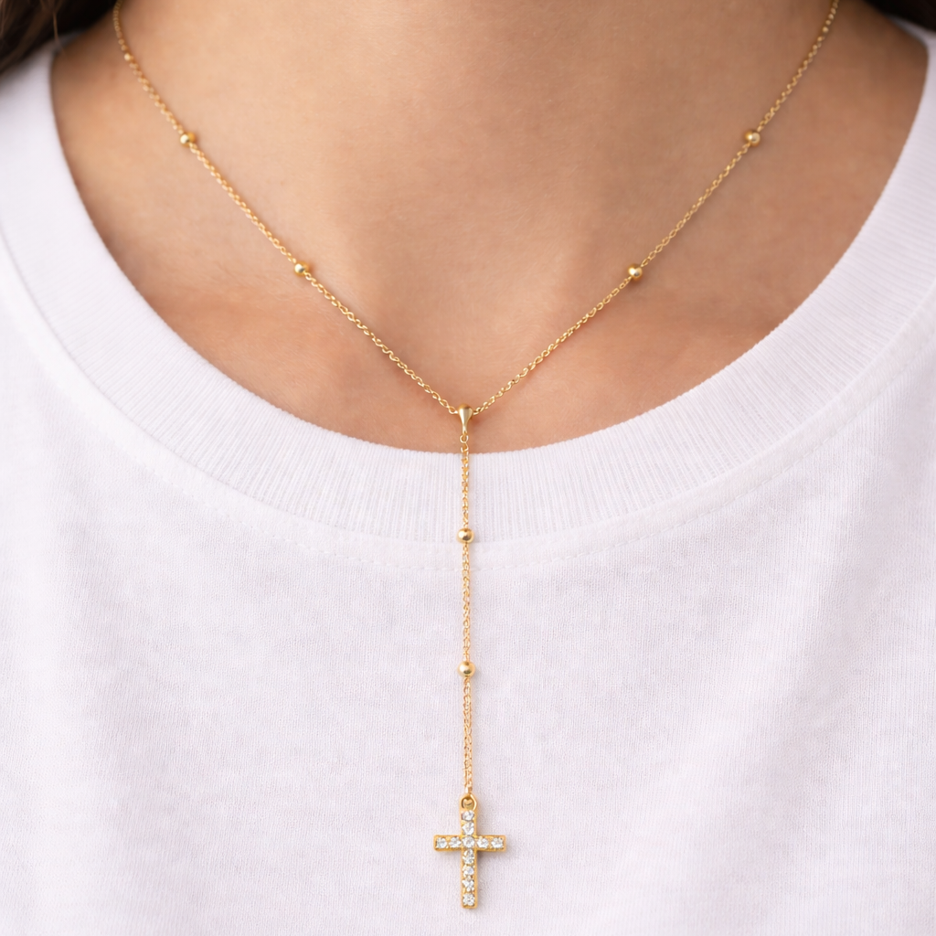 Rosary Necklace with Cubic Zirconia Cross