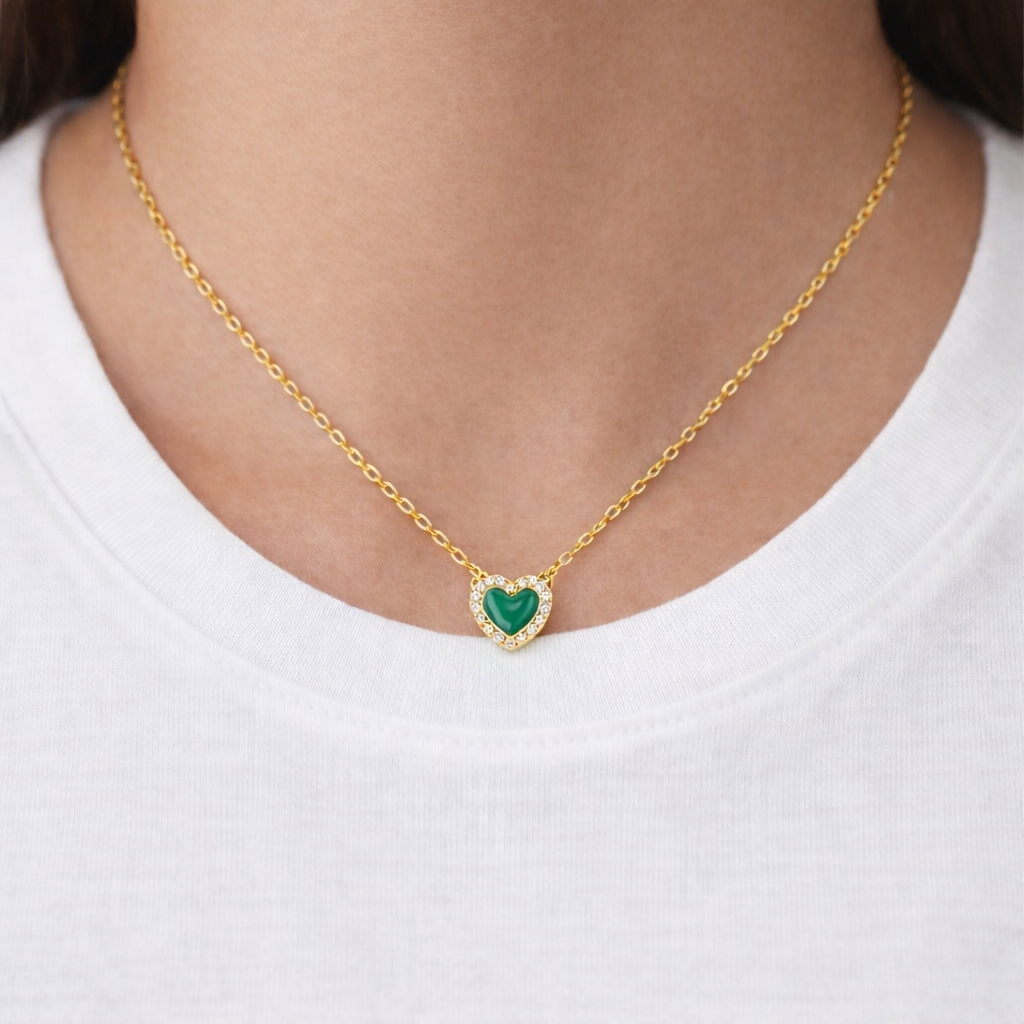 Malachite Cubic Zirconia Heart Necklace