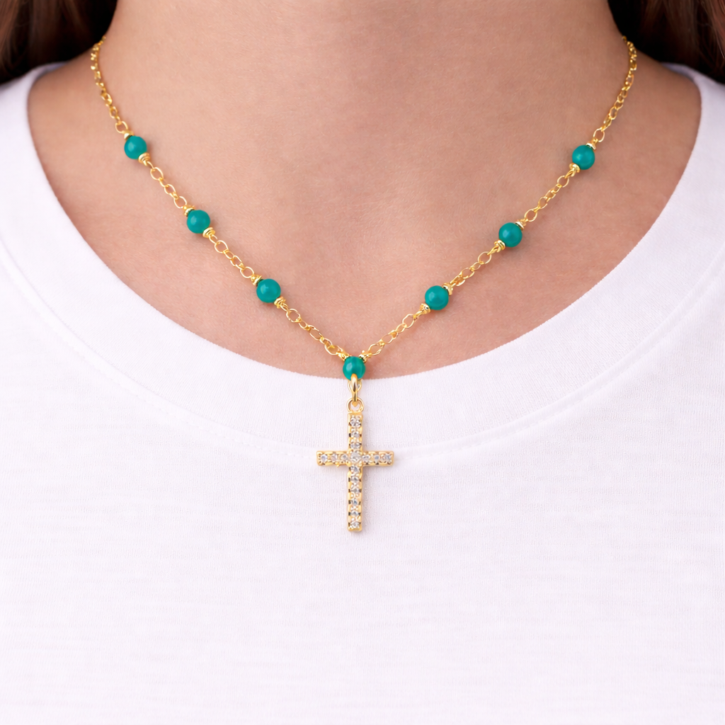 Blue Beaded Necklace with Cubic Zirconia Cross