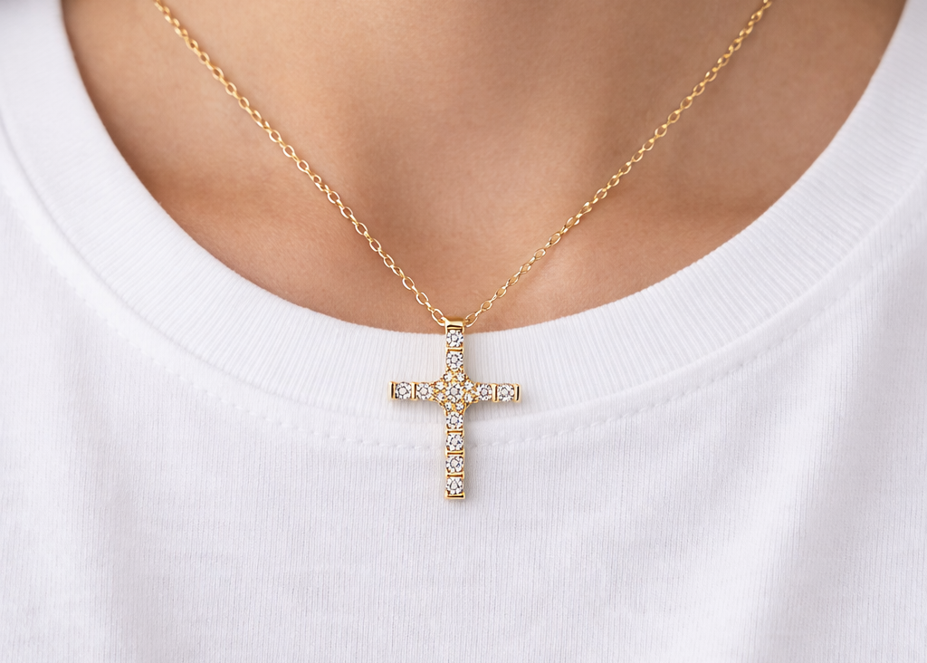 Gold cross necklace with diamonds on a white shirt