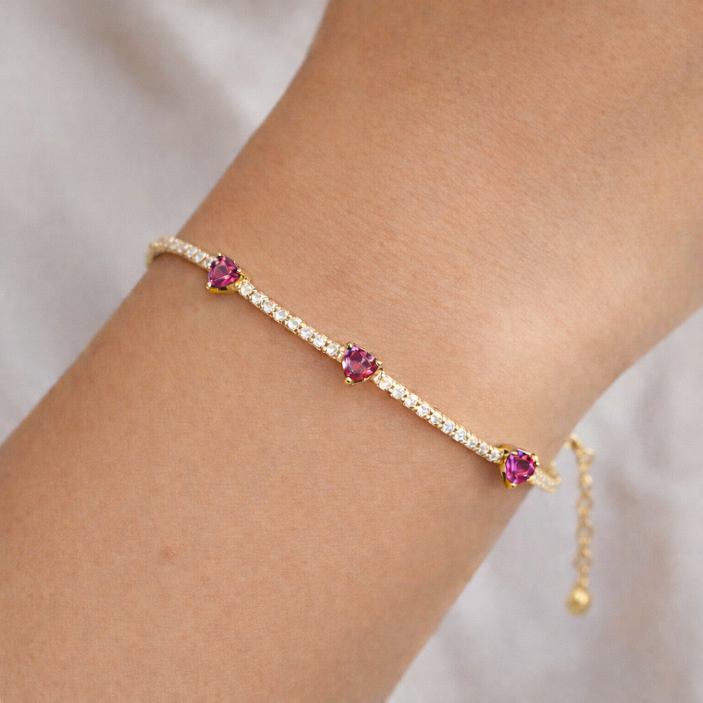Rose Cubic Zirconia Three-Heart Tennis Bracelet