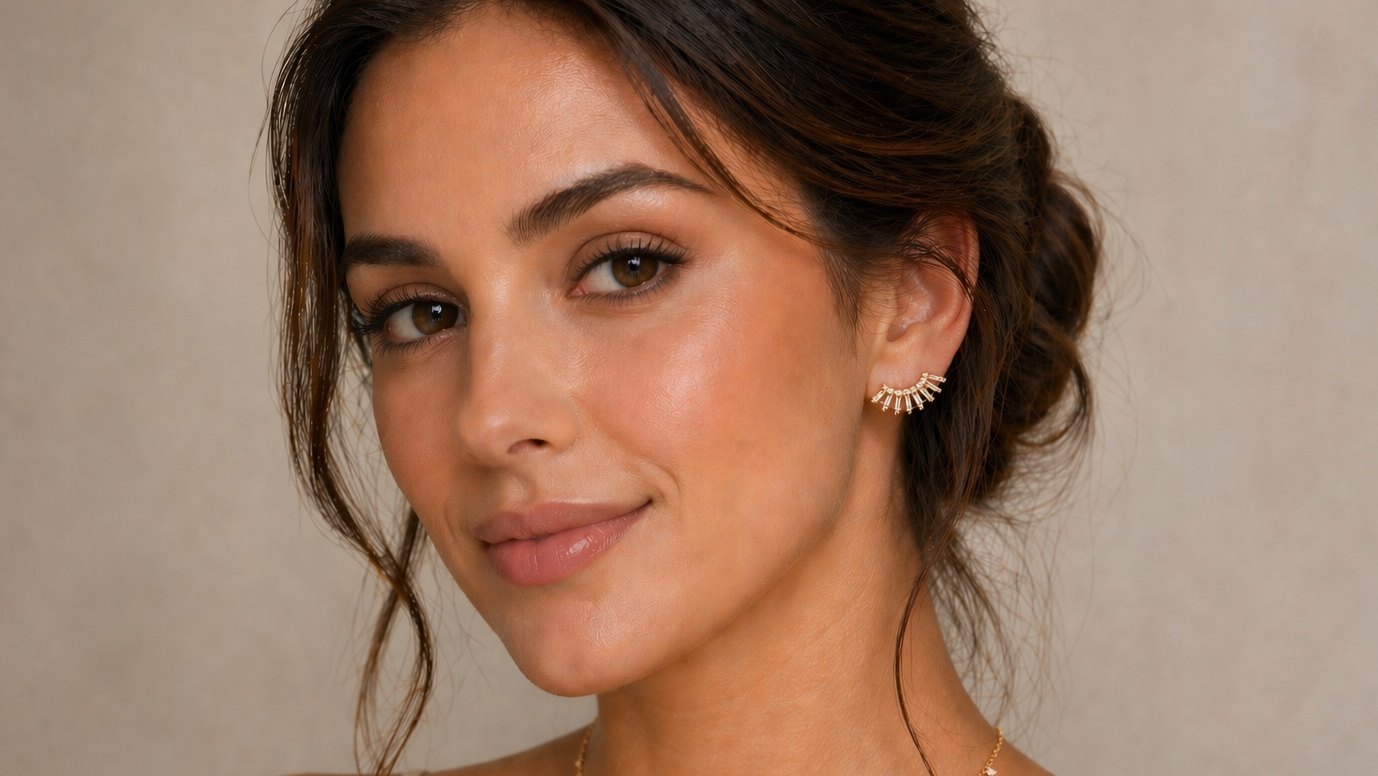 Woman wearing a delicate gold necklace and earrings against a neutral background