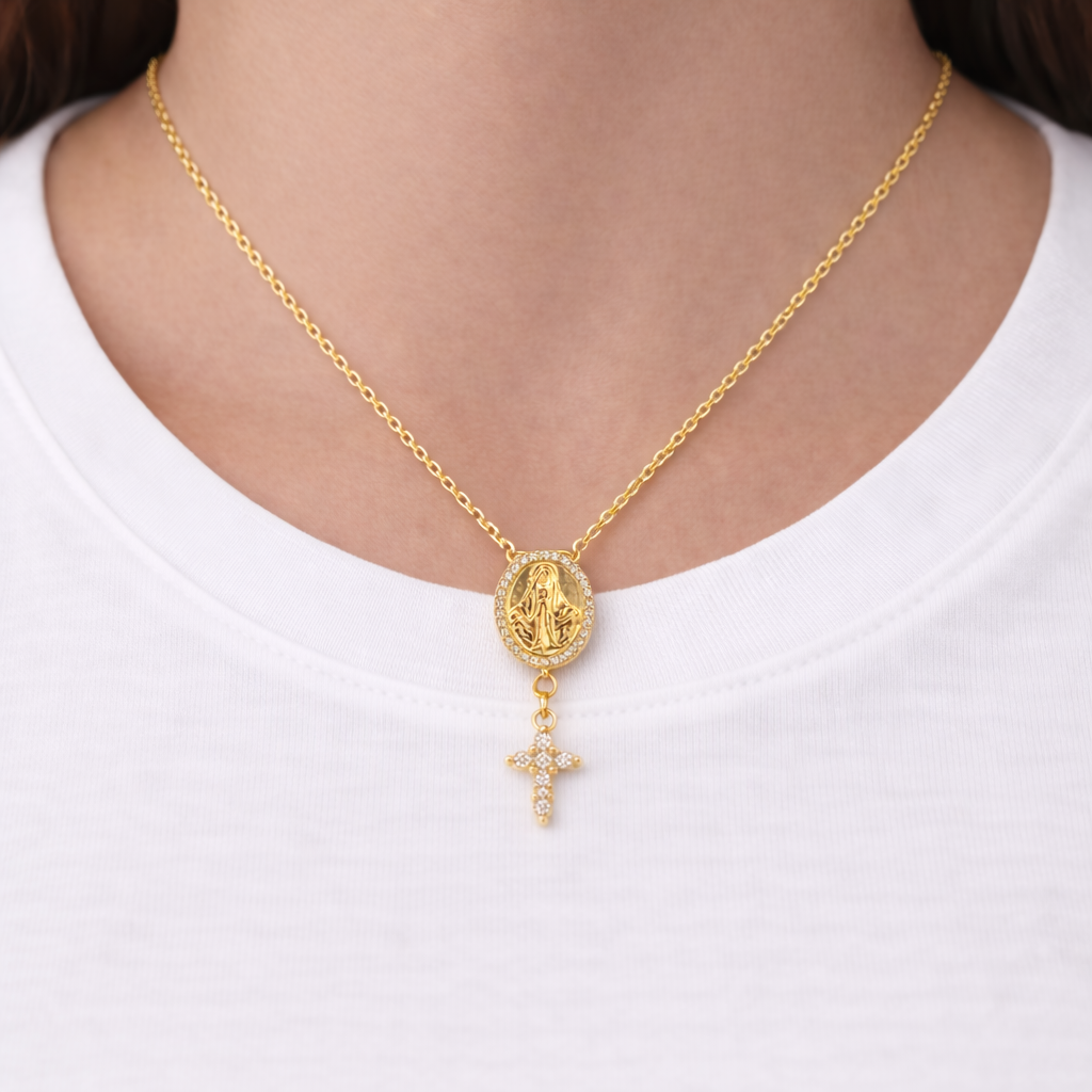 Miraculous Medal Necklace with Cubic Zirconia Cross