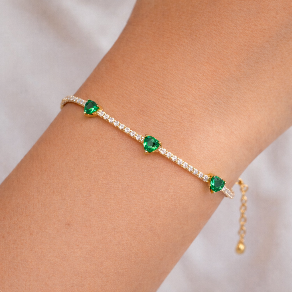 Green Cubic Zirconia Three-Heart Tennis Bracelet