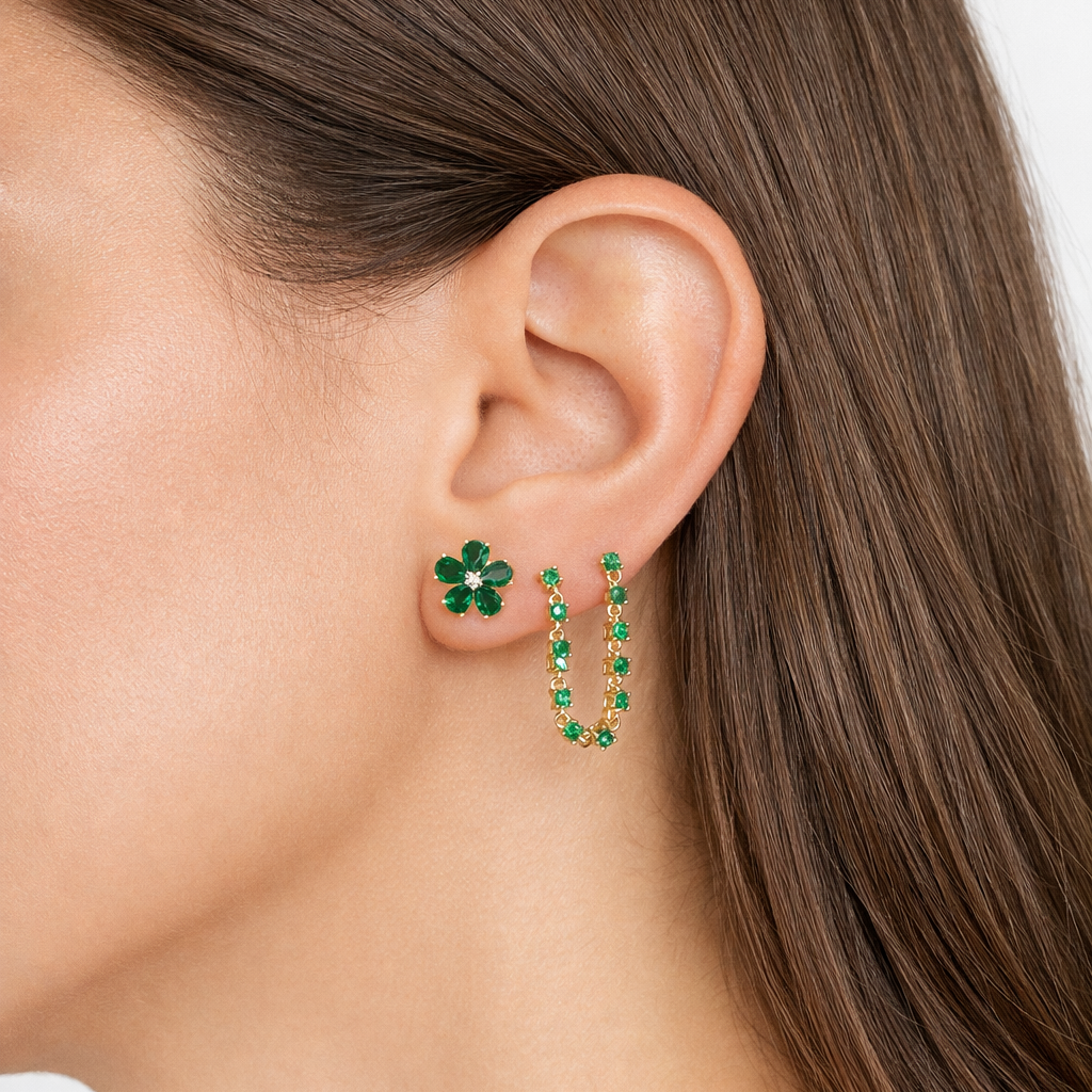 Green Cubic Zirconia Floral Stud Earrings
