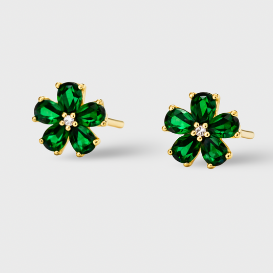 Green Cubic Zirconia Floral Stud Earrings