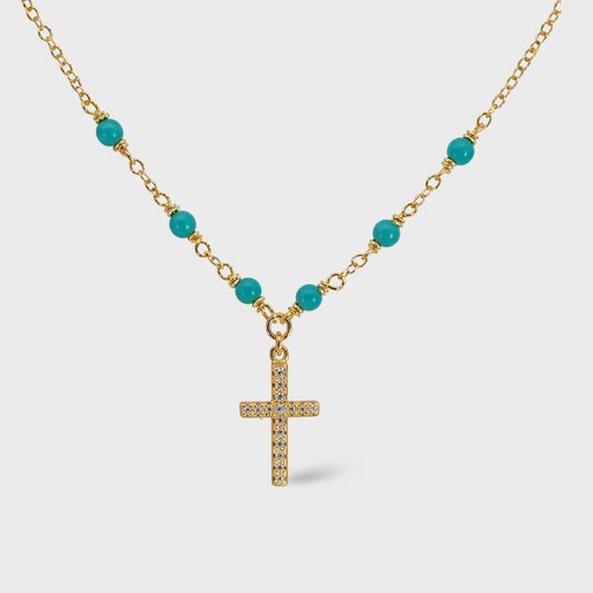 Blue Beaded Necklace with Cubic Zirconia Cross